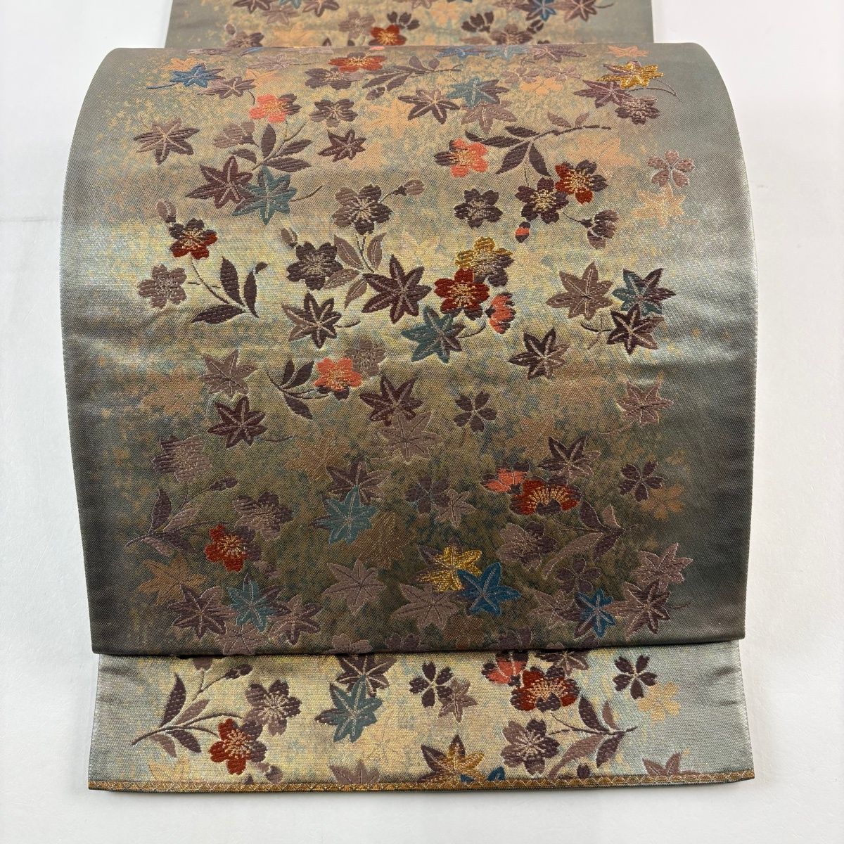 袋帯 秀品 関西仕立て 蒔絵桜楓文 金糸 箔 灰緑 六通 正絹