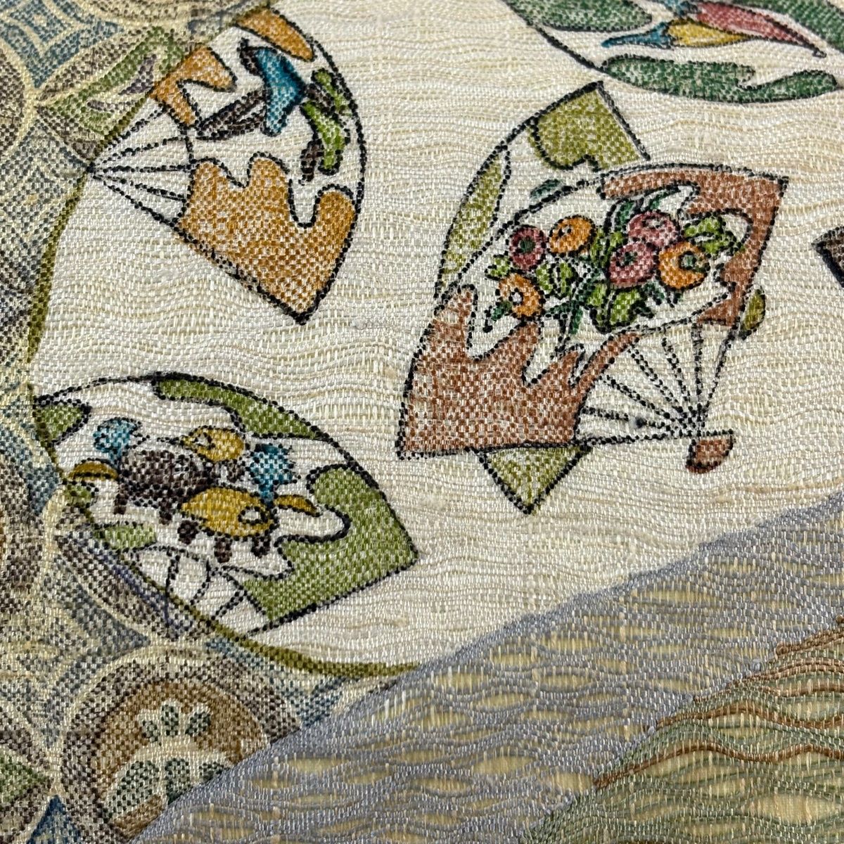 袋帯 秀品 扇 丸文 茶緑色 お太鼓柄 正絹