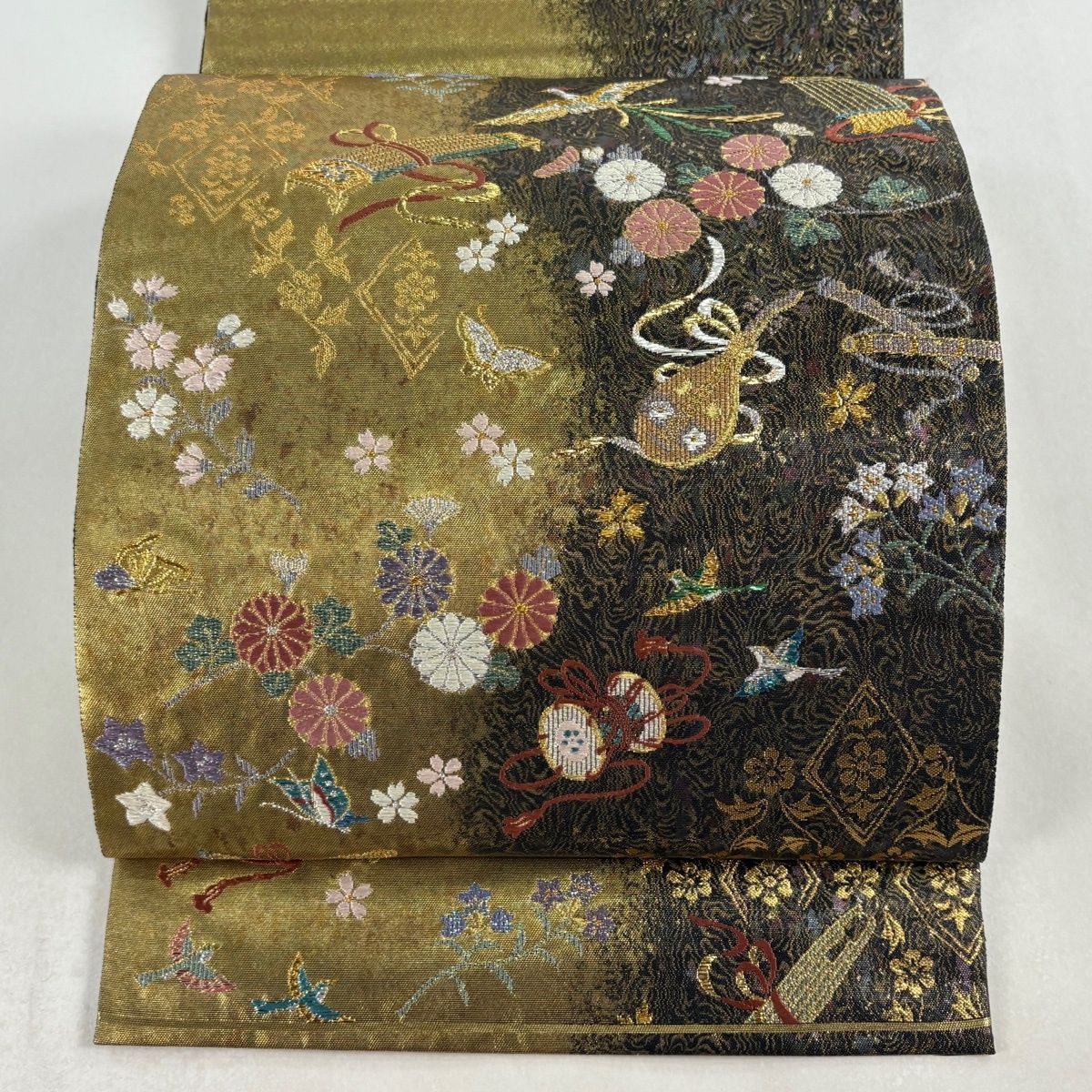 袋帯 秀品 関西仕立て 楽器 花鳥 金糸 箔 金色 六通 正絹