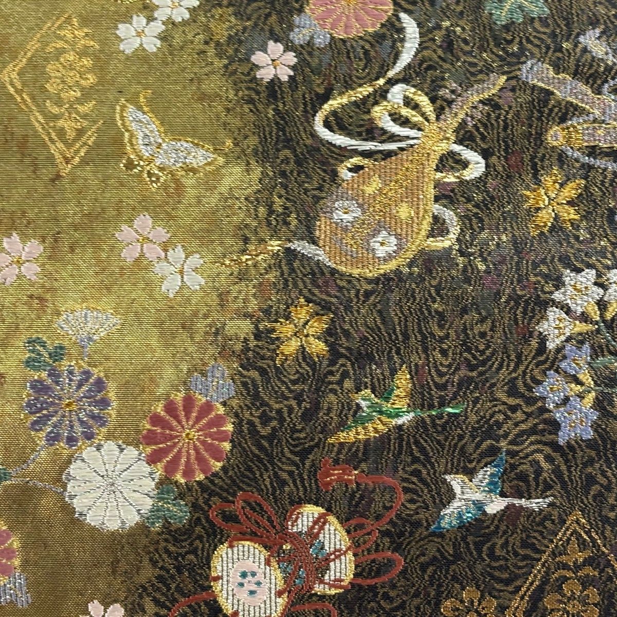 袋帯 秀品 関西仕立て 楽器 花鳥 金糸 箔 金色 六通 正絹