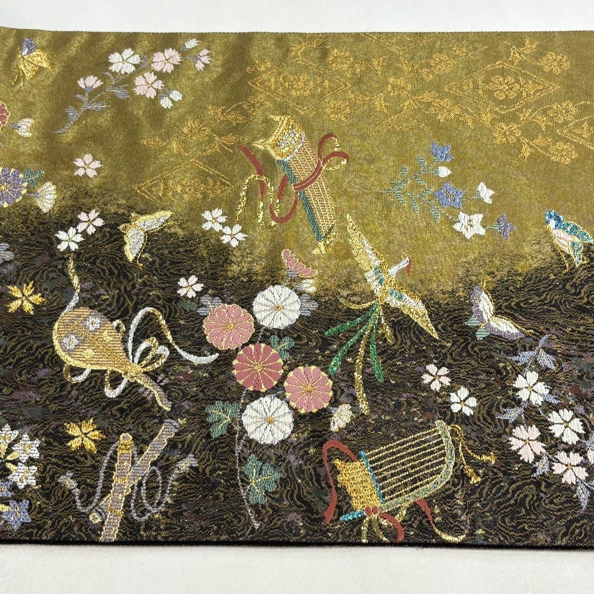  袋帯 秀品 関西仕立て 楽器 花鳥 金糸 箔 金色 六通 正絹 袋帯 帯