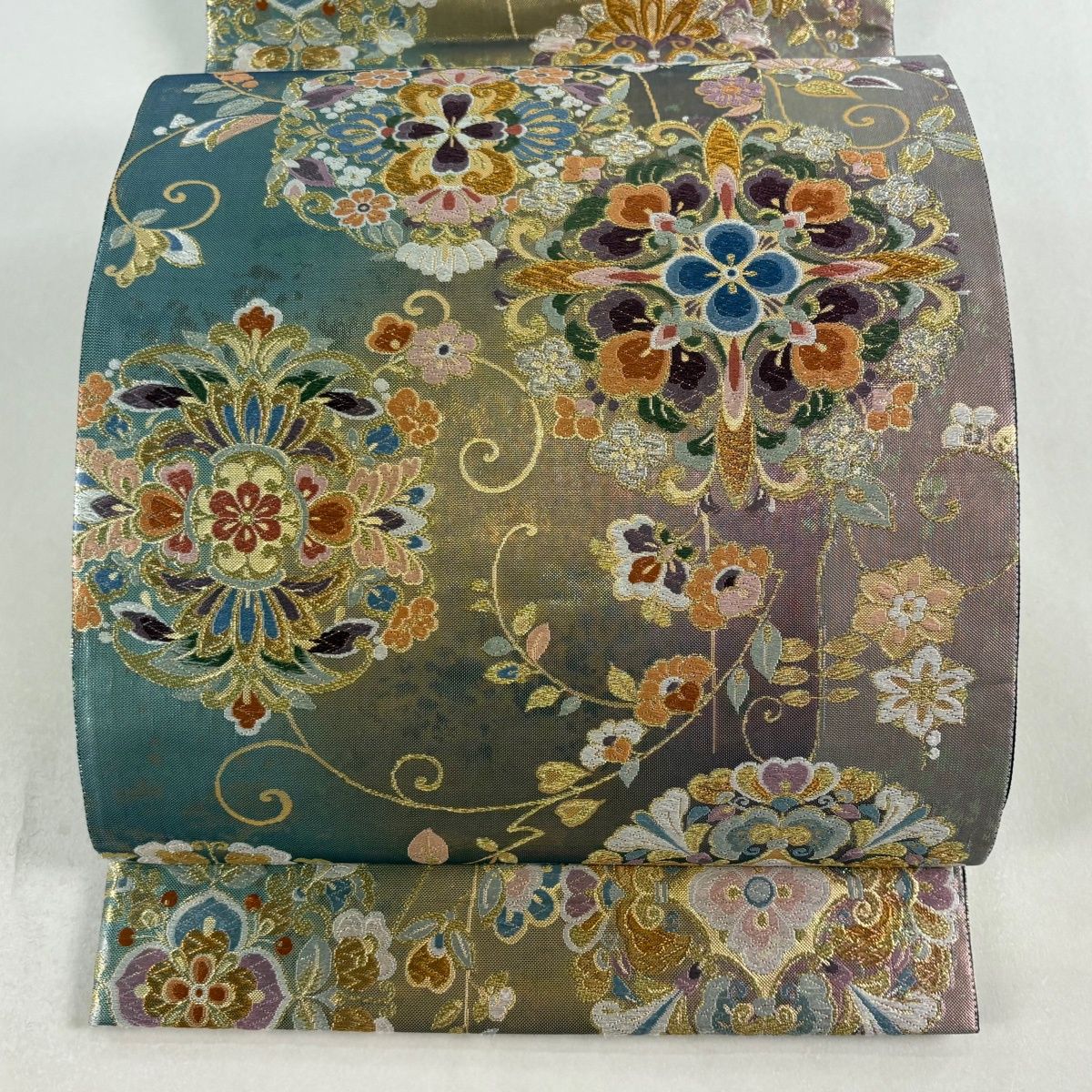 袋帯 秀品 亀甲丸華紋 金銀糸 箔 灰緑 六通 正絹