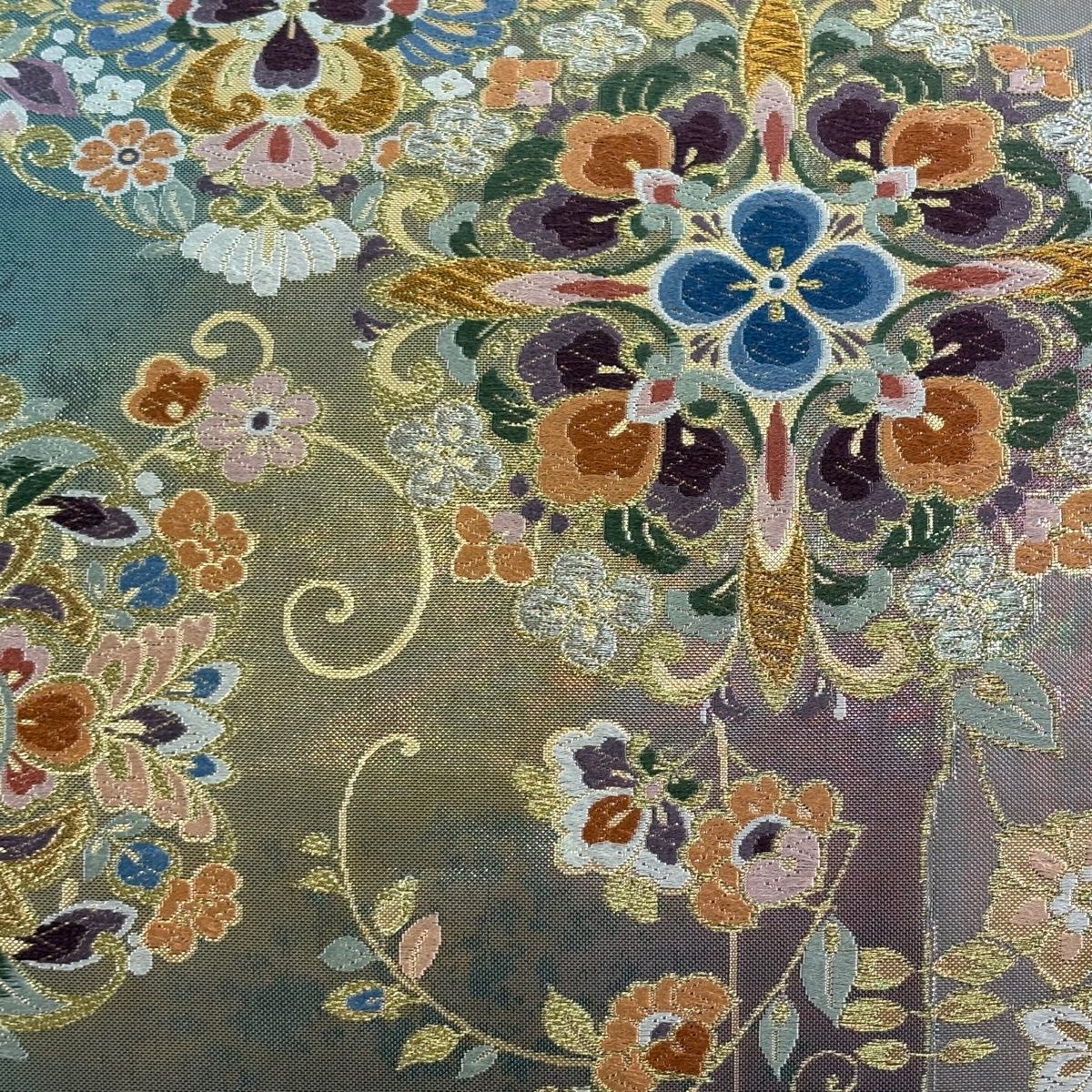 袋帯 秀品 亀甲丸華紋 金銀糸 箔 灰緑 六通 正絹