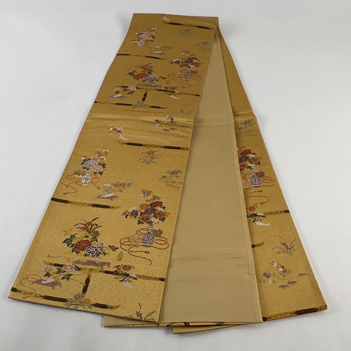  袋帯 秀品 花器 草花 金糸 箔 山吹茶色 六通 正絹 袋帯 帯
