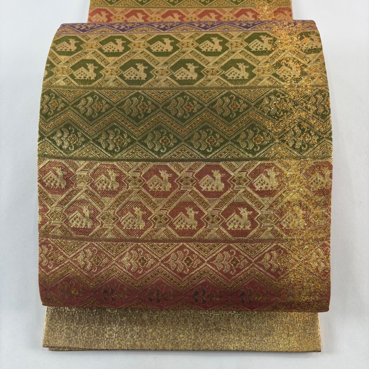 袋帯 秀品 有栖川 草花 金糸 箔 鶯色 六通 正絹