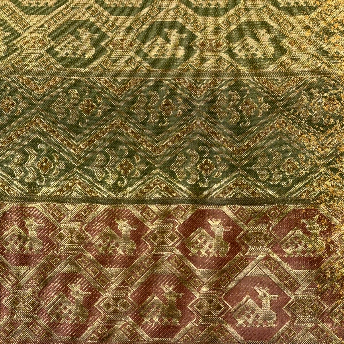 袋帯 秀品 有栖川 草花 金糸 箔 鶯色 六通 正絹