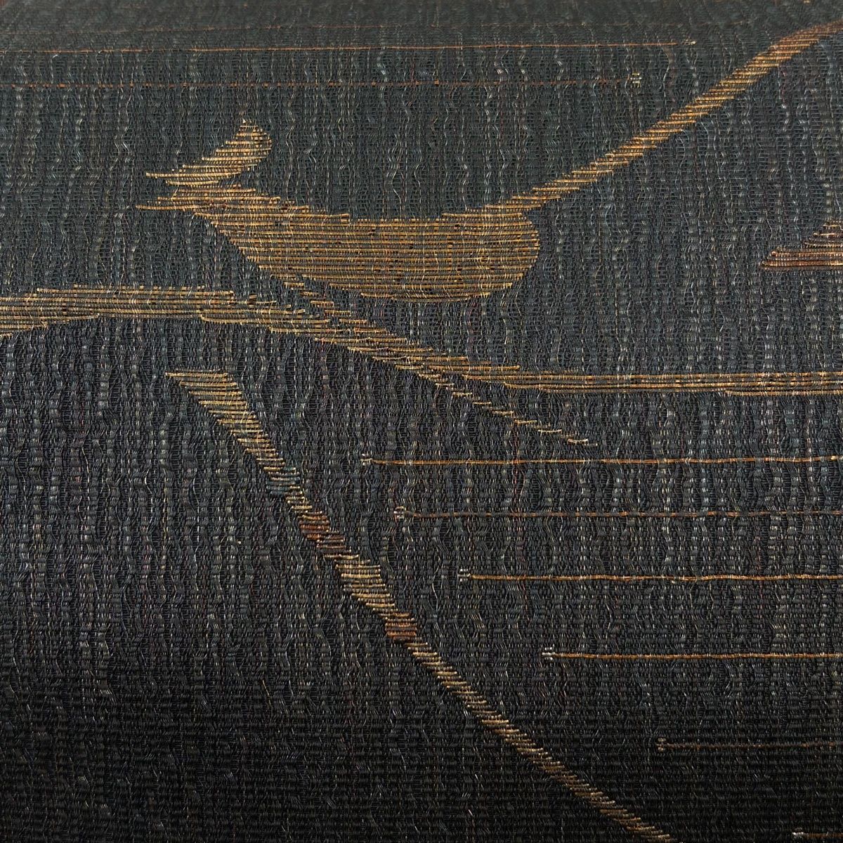 袋帯 秀品 鳥 縞 銀糸 箔 黒灰 六通 正絹