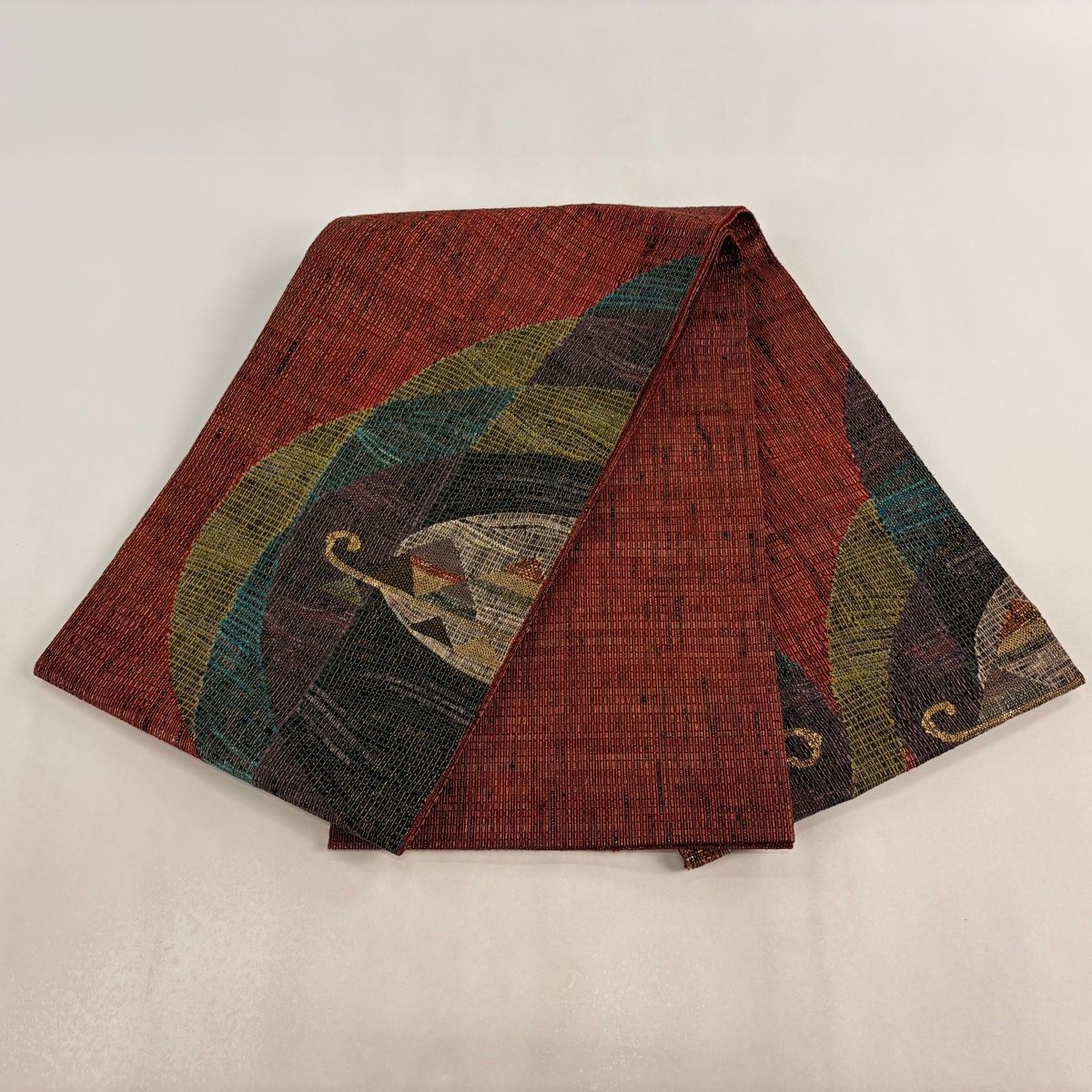  袋帯 秀品 幾何学模様 金糸 箔 赤 お太鼓柄 正絹 袋帯 帯