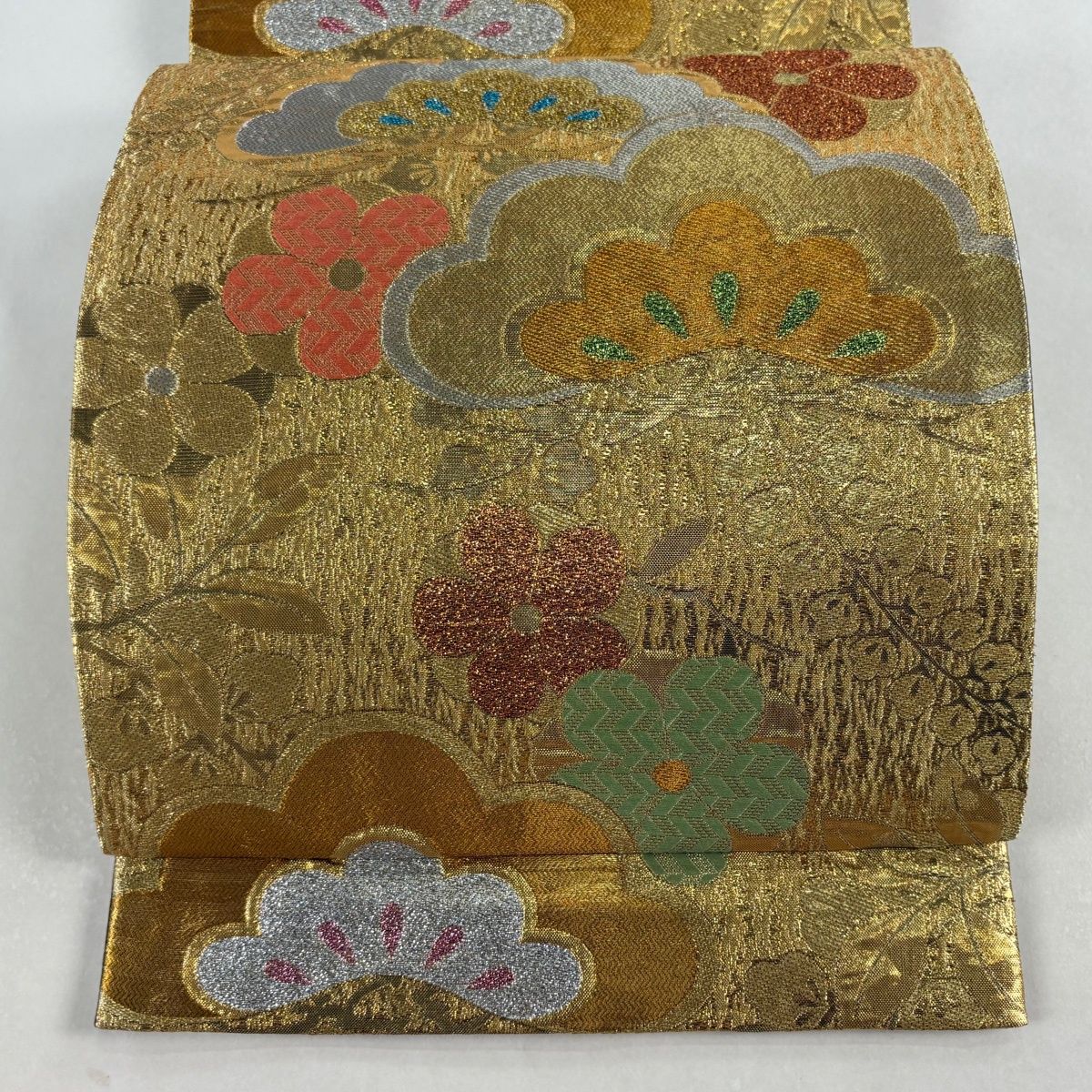 袋帯 秀品 笠松 梅 金銀糸 箔 金色 六通 正絹