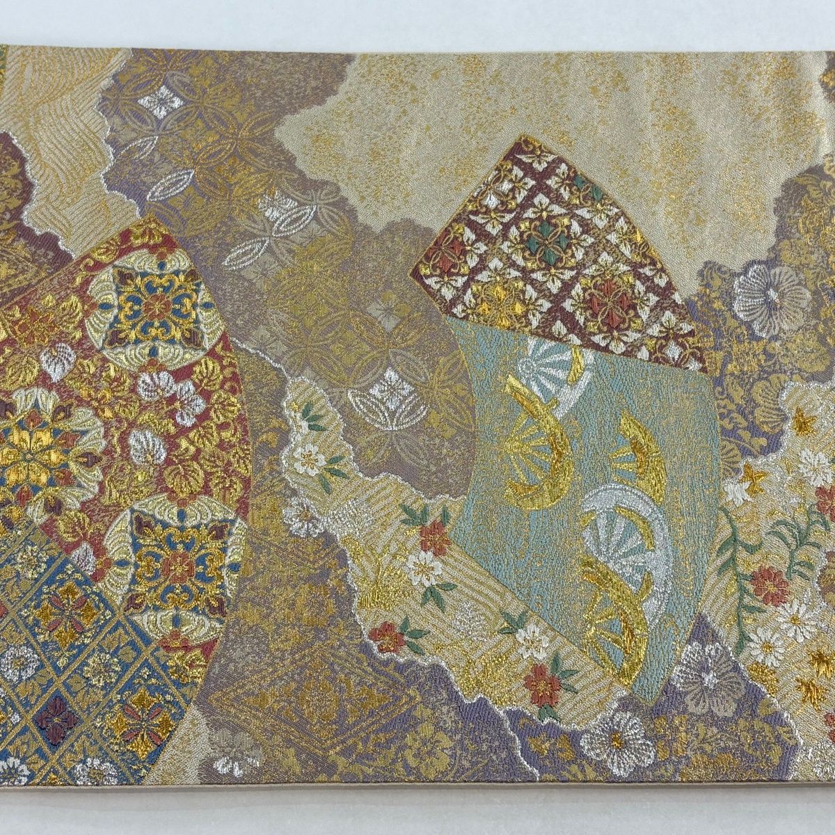  袋帯 秀品 落款 豊田宏一 経巻地紙流文 草花 金銀糸 刺繍 ベージュ 六通 正絹 袋帯 帯