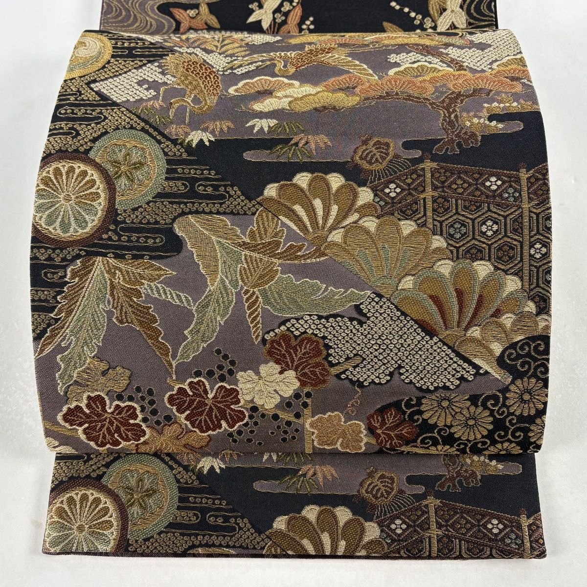 袋帯 秀品 鶴 草花 金糸 刺繍 黒 六通 正絹