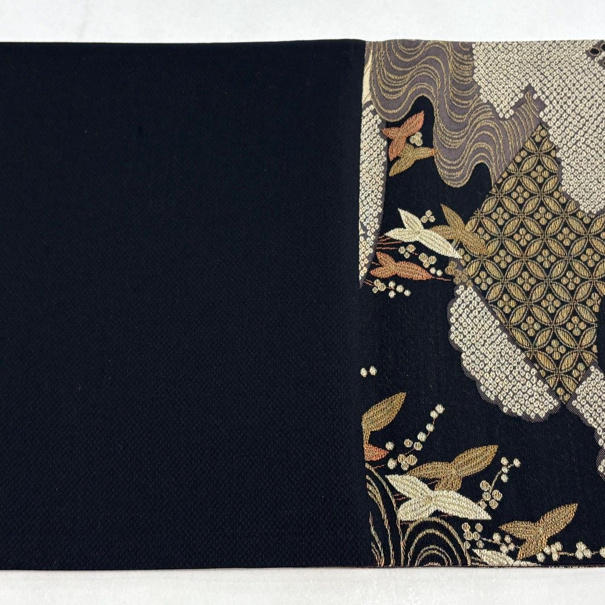  袋帯 秀品 鶴 草花 金糸 刺繍 黒 六通 正絹 袋帯 帯
