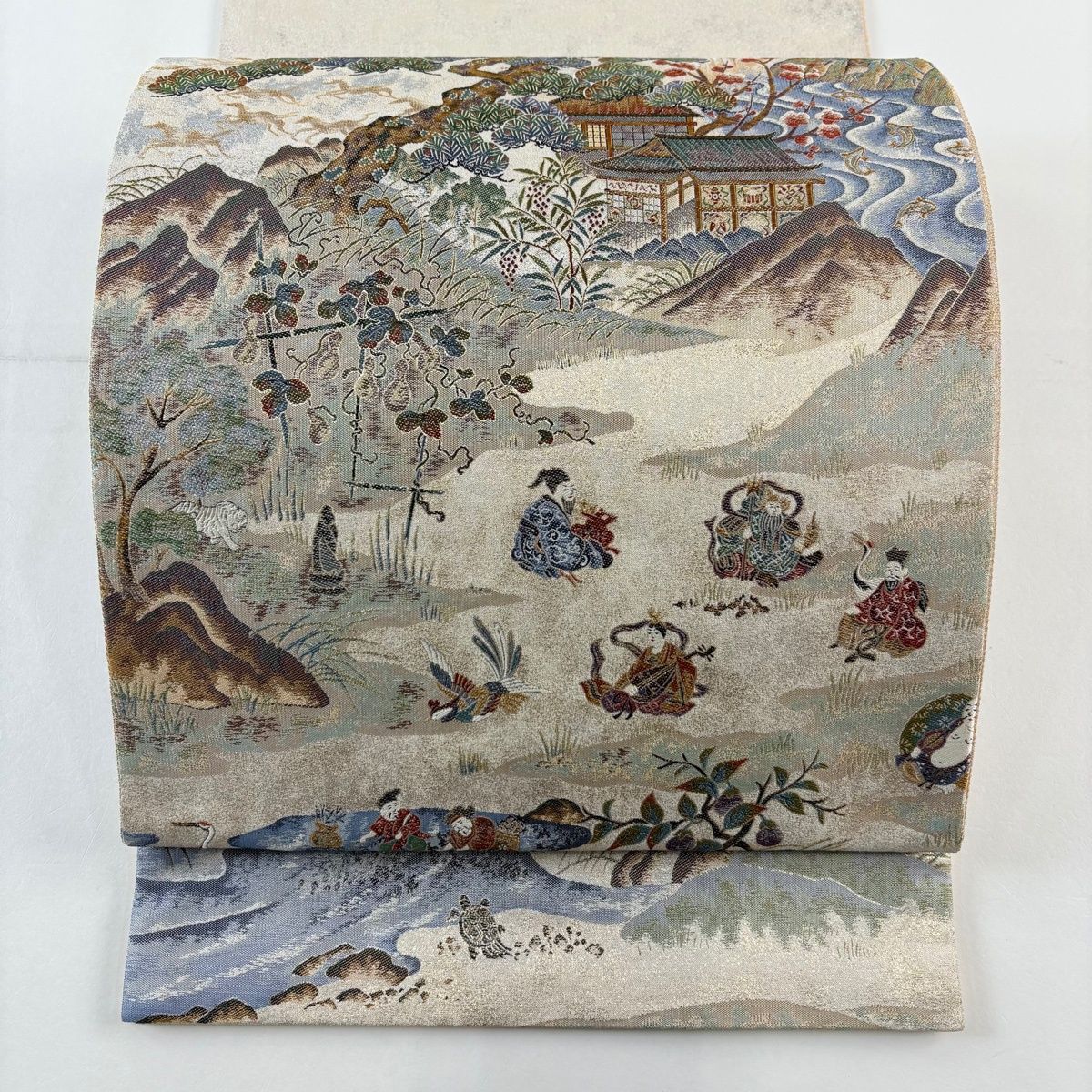 袋帯 秀品 風景 龍虎 箔 クリーム 六通 正絹