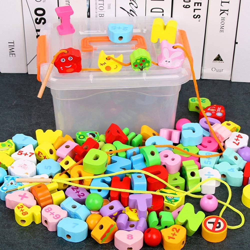 ひもとおし 紐通しおもちゃ 大容量 収納ケース付き 4 in 1 木製 指先訓練 絵柄認知 数字認知 英語勉強 Bajoy 知育玩具 積み木 2 3 5 6歳 女の子 男の子おもちゃ プレゼント