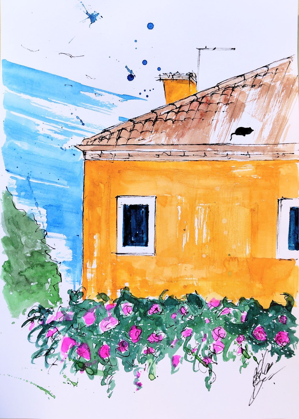 原画#64 黒猫 ブラーノ島 ベネチア イタリア 水彩画 ドローイング