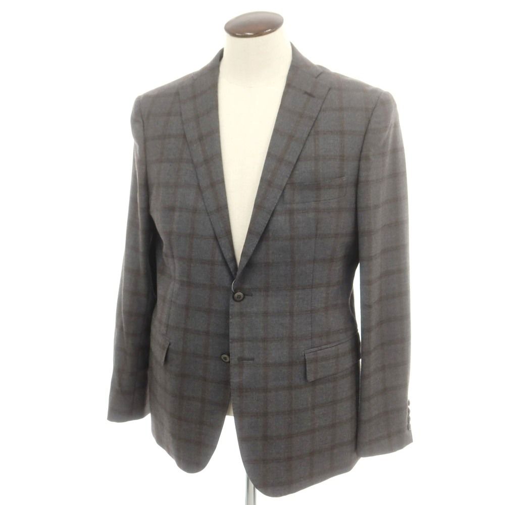 【中古】トネッロ TONELLO ウールポリエステル チェック 2B テーラードジャケット グレーxブラウン【サイズ54】【メンズ】