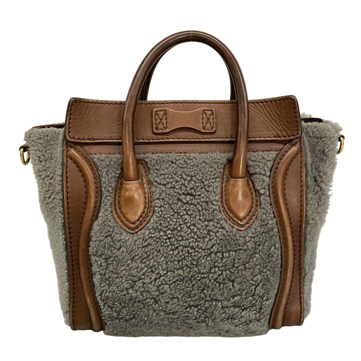 希少 セリーヌ ムートン ラゲージ ミニ ハンドバッグ グレー ブラウン レザー CELINE(セリーヌ) ハンドバッグ ラゲージナノショッパー ダークグレー