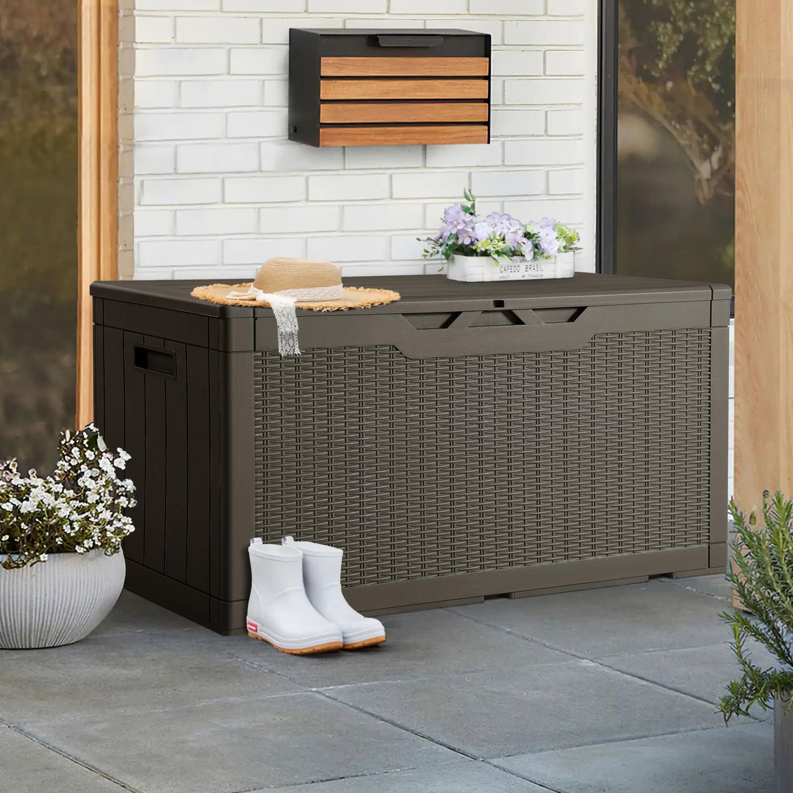 HOMECO 物置 収納庫 大容量 倉庫 屋外収納庫 ベンチストッカー 大型物置 ベランダ収納 アウトドア収納 ガーデン収納 おしゃれ ダークブラウン 幅123 奥行57 高さ62 cm