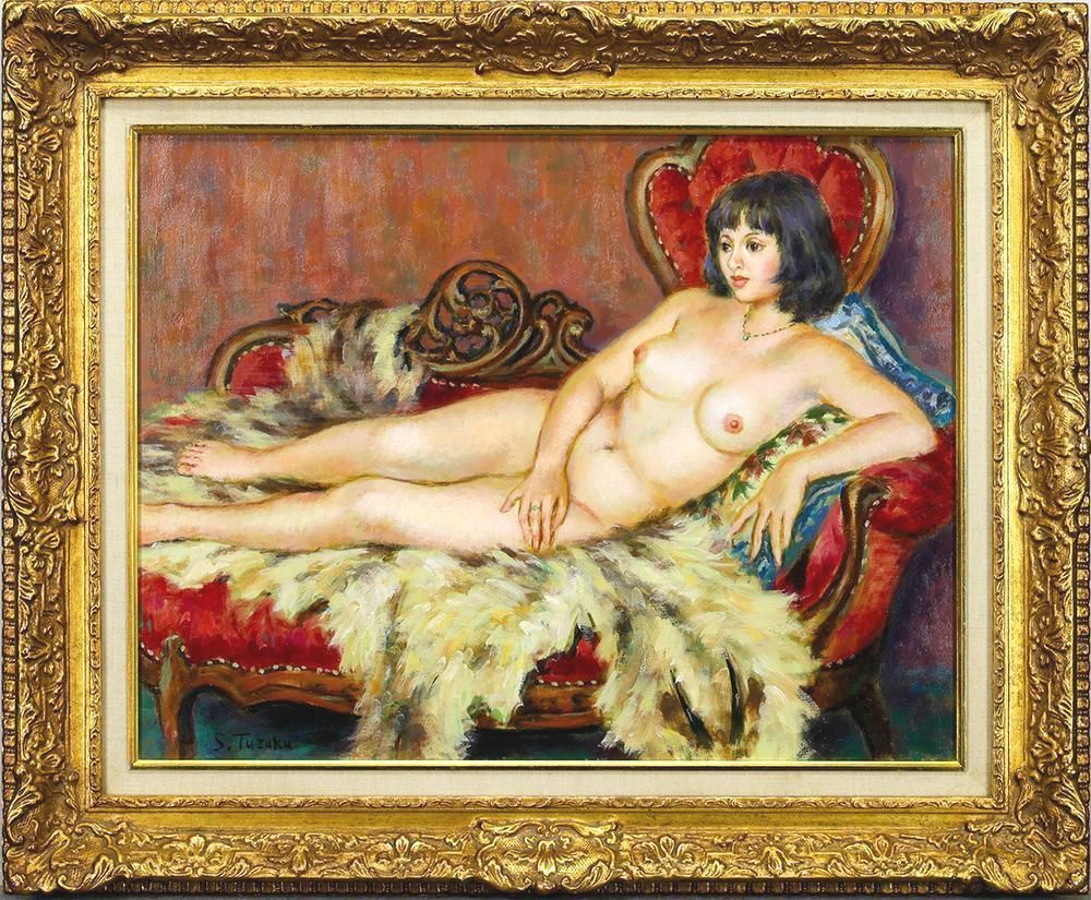 真作 WISH 都竹伸政 毛皮と娘 油彩 15号 大作 1979年作 優美な柔肌の裸婦名画 〇元第一美術常任委員 文部大臣賞他