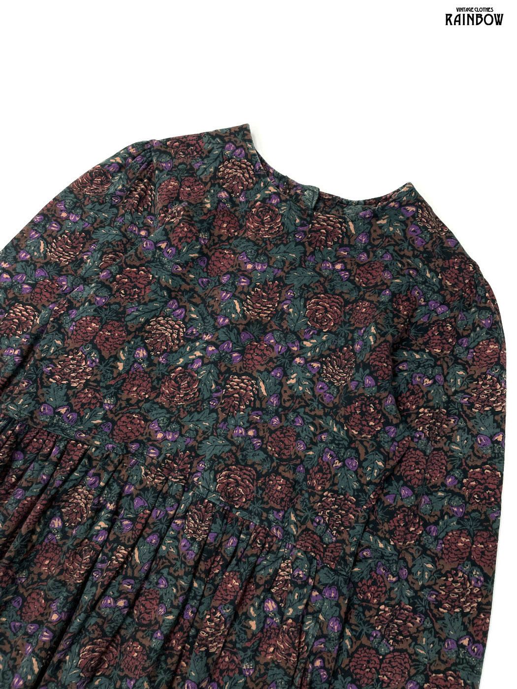 古着 LAURA ASHLEY ローラアシュレイ 花柄 カットソー ロング丈 長袖 ワンピース ダークグリーン otu 2508072