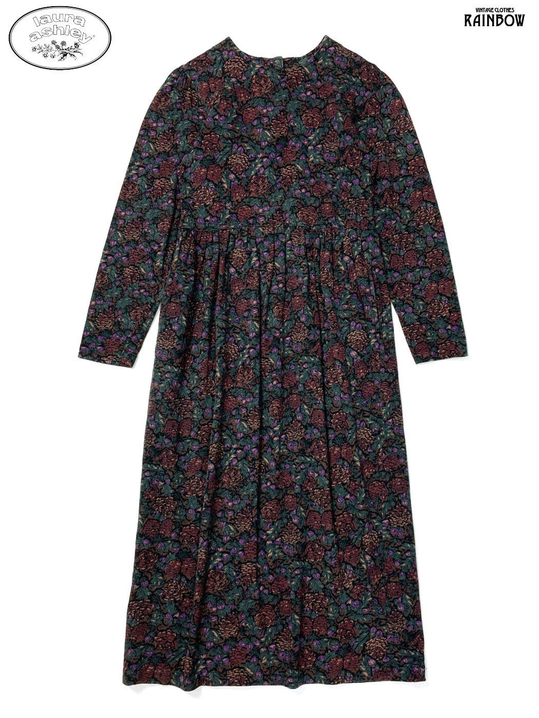 古着 LAURA ASHLEY ローラアシュレイ 花柄 カットソー ロング丈 長袖 ワンピース ダークグリーン otu 2508072