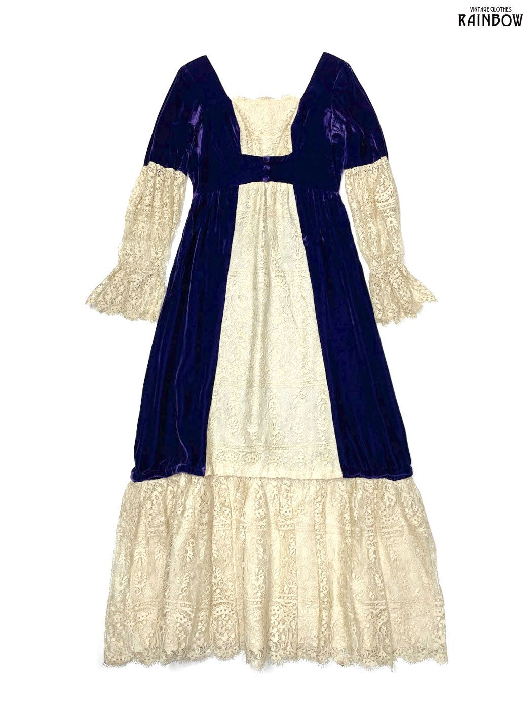 古着 フリル レース 無地 ベロア ロング丈 長袖 ティアード ワンピース 紫 ベージュ otu 2509056