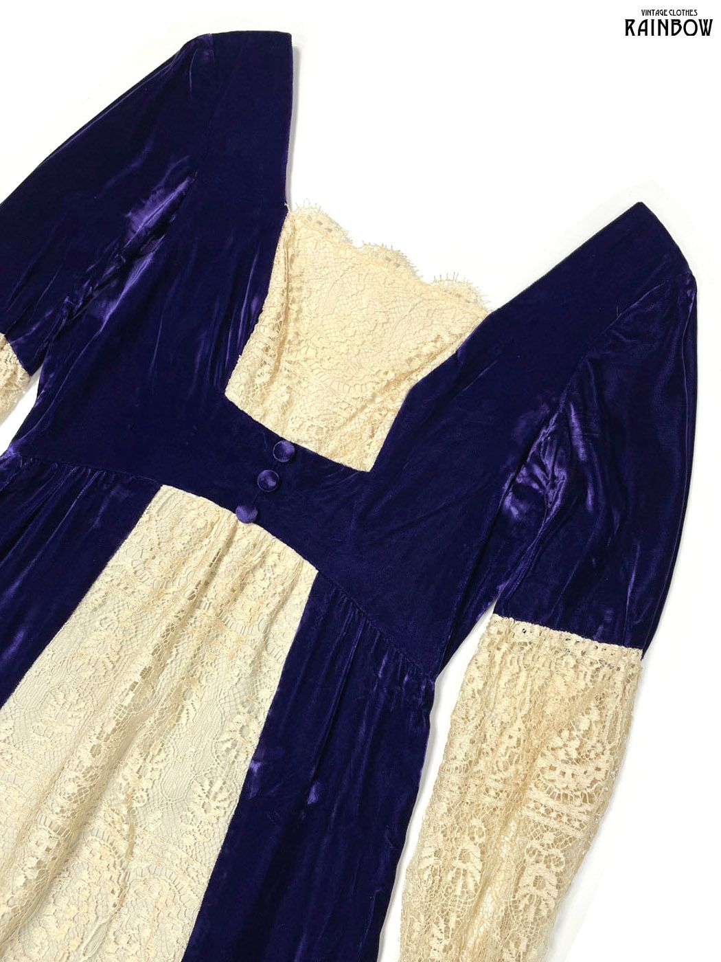 古着 フリル レース 無地 ベロア ロング丈 長袖 ティアード ワンピース 紫 ベージュ otu 2509056