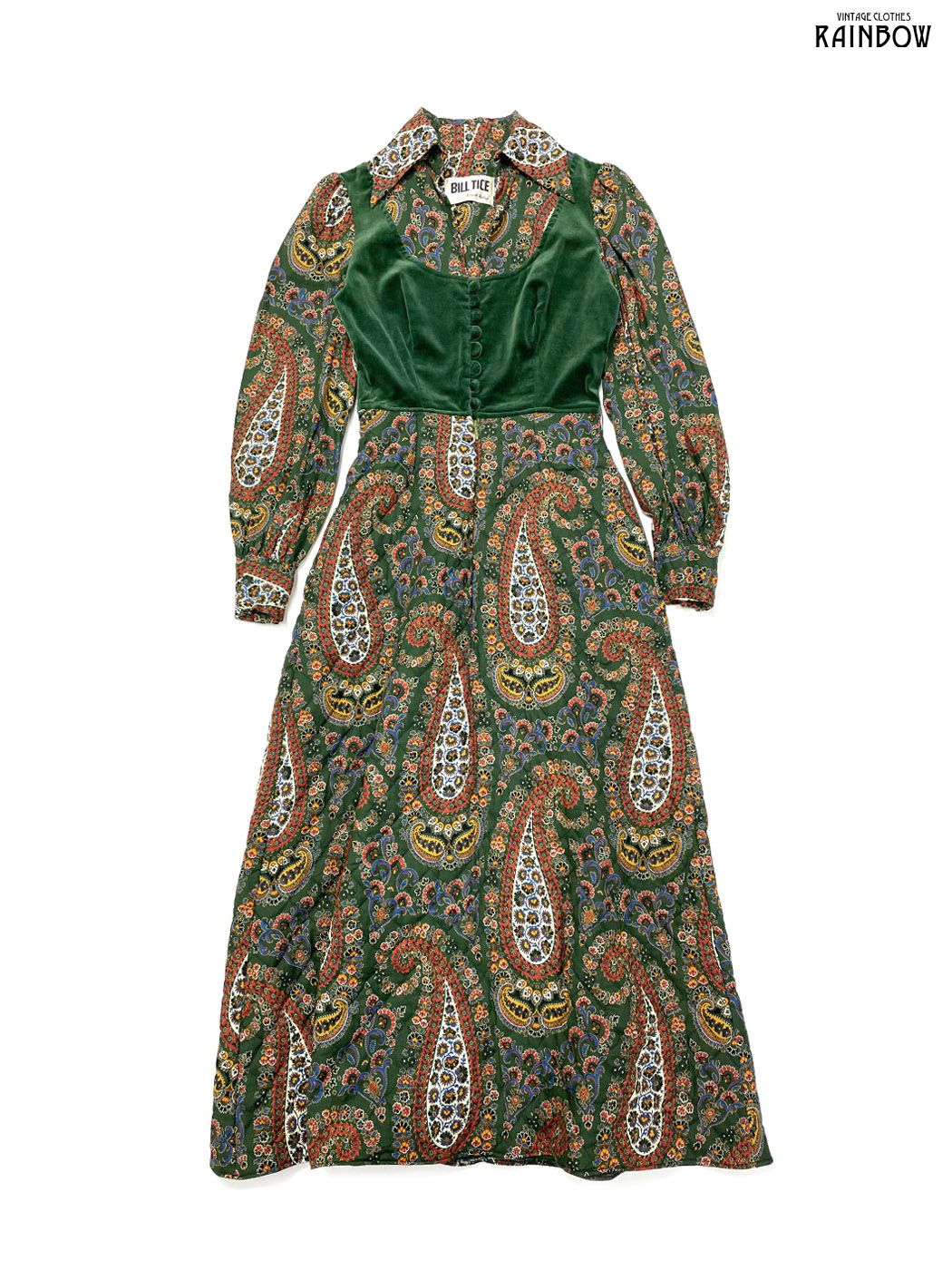 古着 BILL TICE TALONジップ エスニック柄 ペイズリー柄 コットン ベロア キルティング ロング丈 長袖 ワンピース 緑 otu 2510013