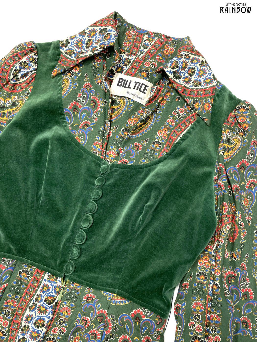古着 BILL TICE TALONジップ エスニック柄 ペイズリー柄 コットン ベロア キルティング ロング丈 長袖 ワンピース 緑 otu 2510013