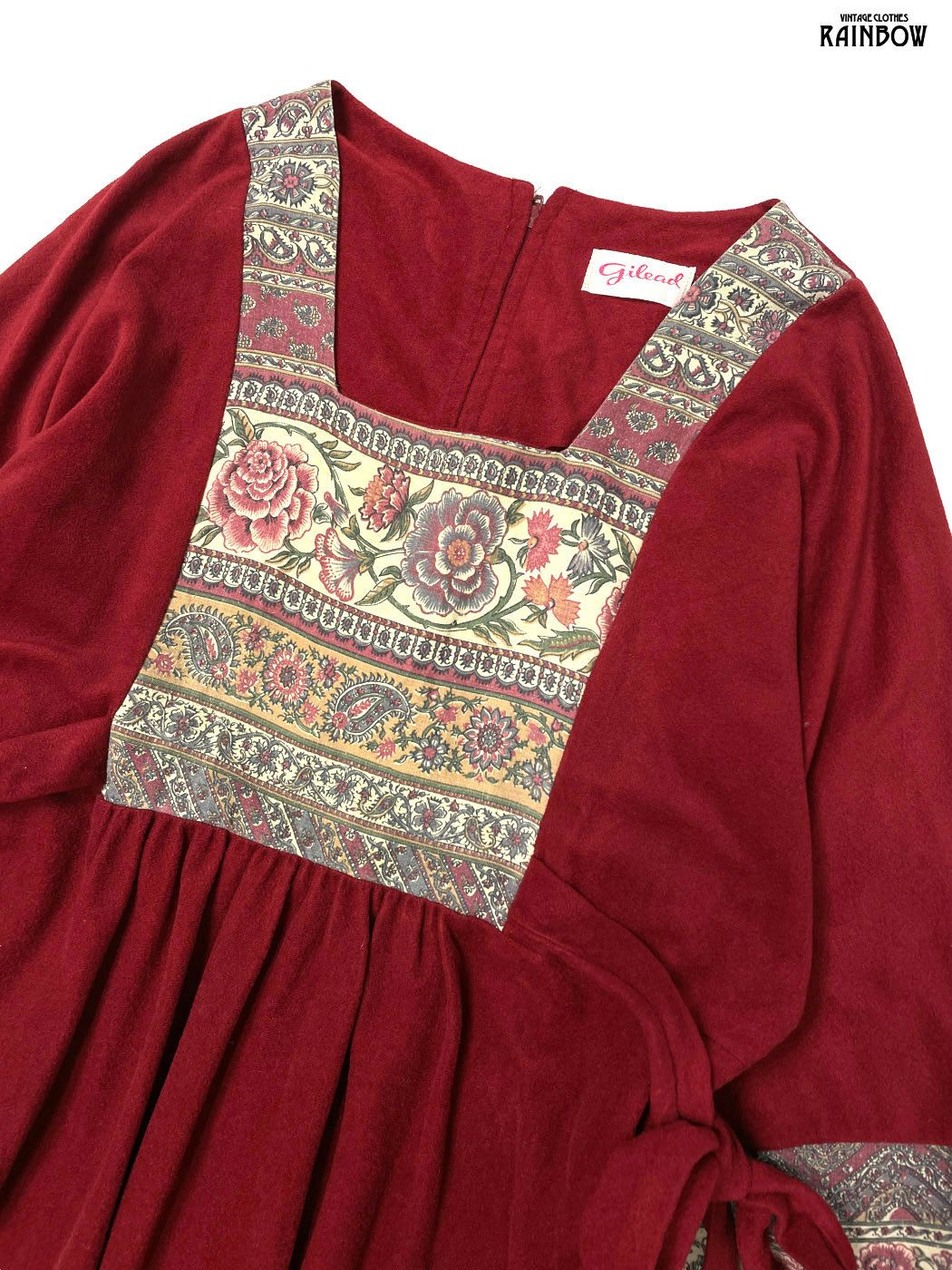 古着 Gilead ギリアド リボン 花柄 無地 ロング丈 長袖 ワンピース 赤 otu 2510027