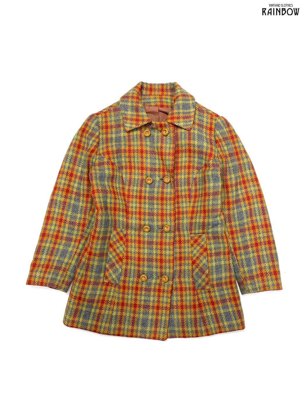 古着 前開き TALONジップ チェック柄 ウール ロング丈 長袖 セットアップ オレンジ 黄 otu 2511027