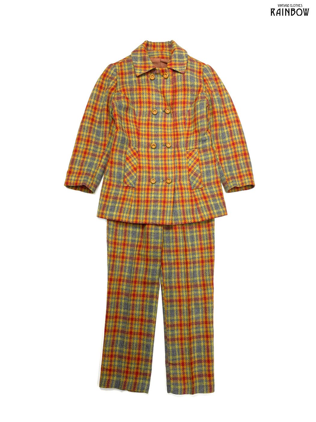 古着 前開き TALONジップ チェック柄 ウール ロング丈 長袖 セットアップ オレンジ 黄 otu 2511027