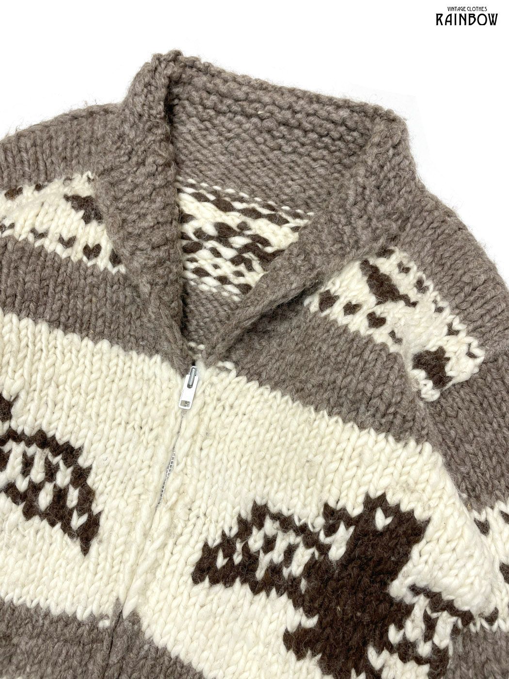 古着 コンドル 前開き 総柄 長袖 ニット アウター ベージュ 茶 生成り ttu 2511068