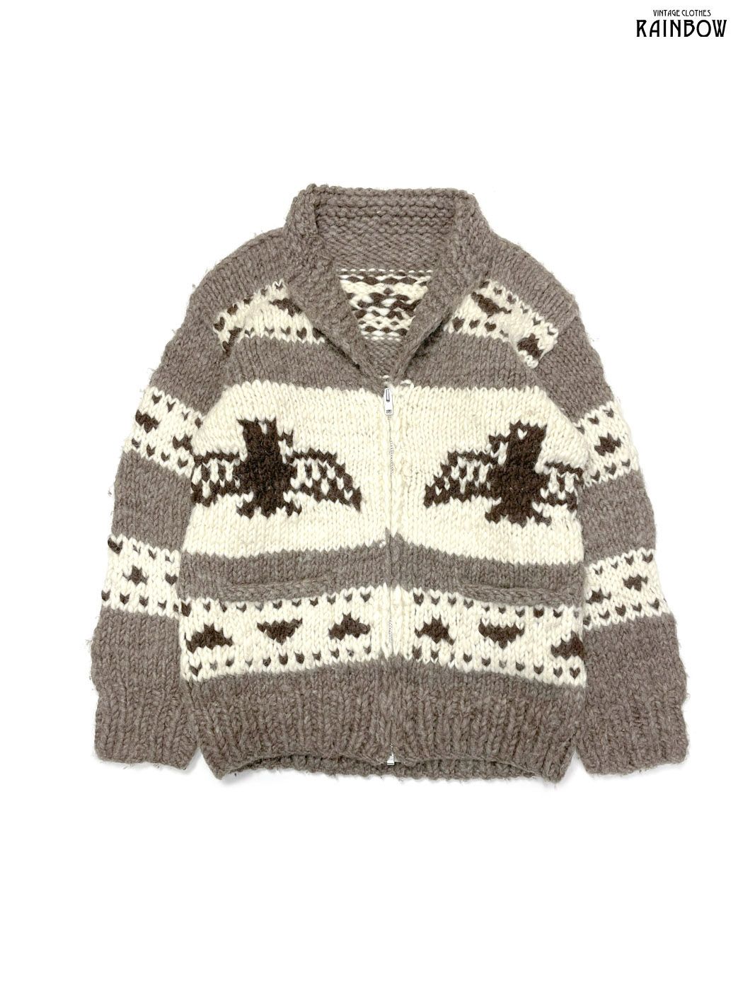 古着 コンドル 前開き 総柄 長袖 ニット アウター ベージュ 茶 生成り ttu 2511068