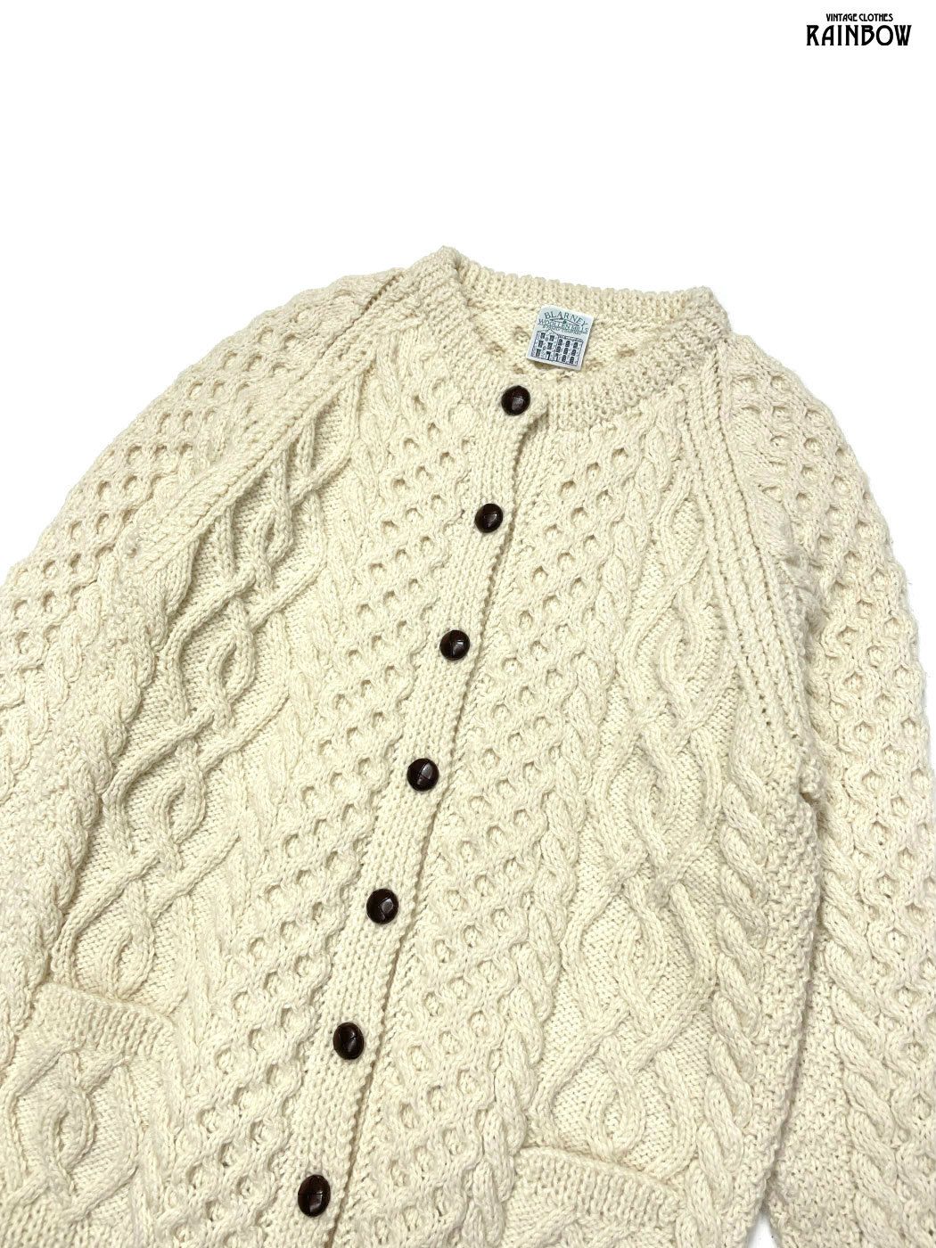 古着 BLARNEY Woollen Mills ケーブル編み 無地 ピュアウール100％ 長袖 フィッシャーマン ニット カーディガン 生成り ttu2511087