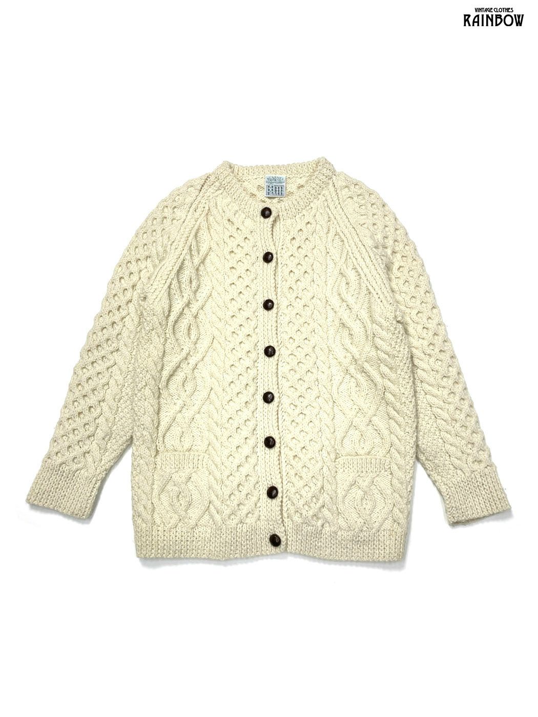 古着 BLARNEY Woollen Mills ケーブル編み 無地 ピュアウール100％ 長袖 フィッシャーマン ニット カーディガン 生成り ttu2511087