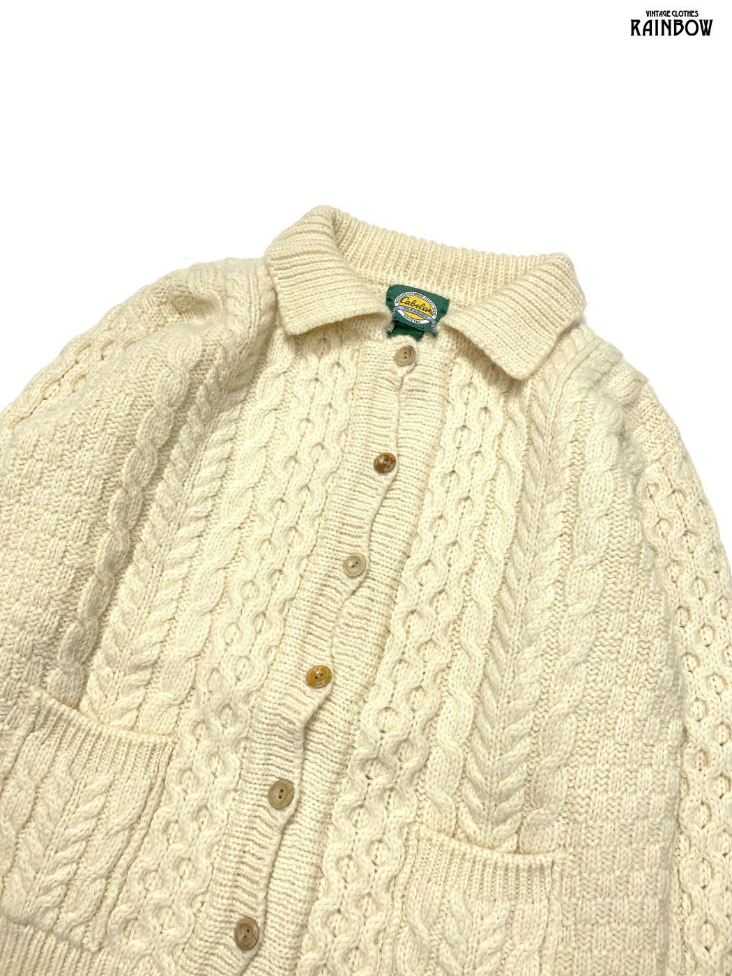 古着 Cabela s カベラス ケーブル編み 無地 ピュアウール100％ 長袖 ニット カーディガン 生成り ttu 2511088