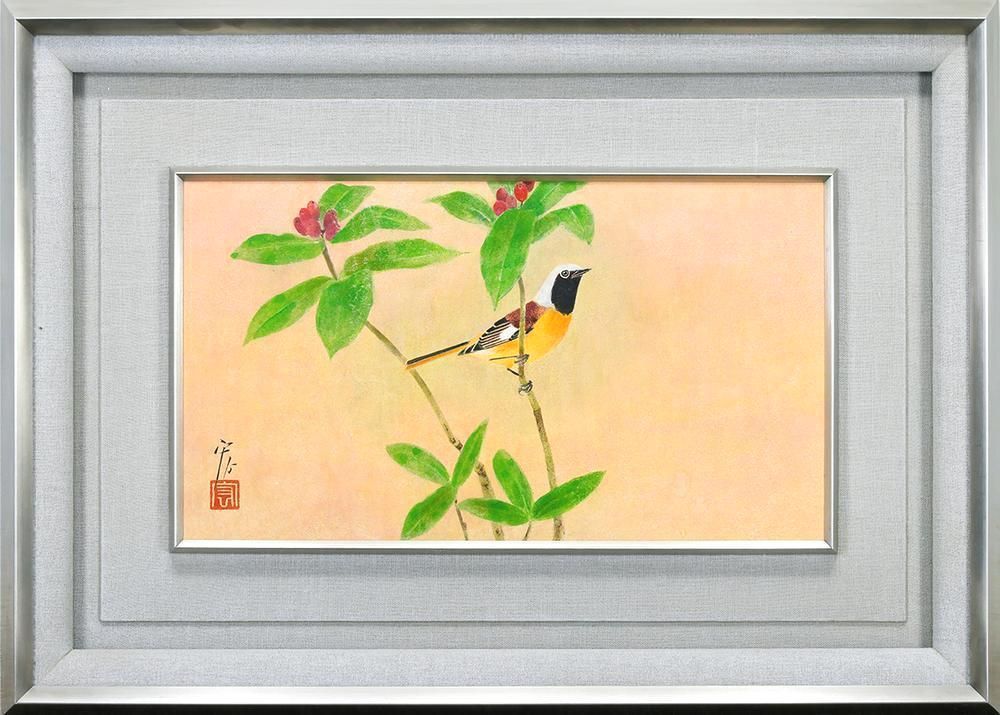 真作 WISH 野々内宏 常鶲 日本画 4号 共シール 朱実と緑に映える麗姿の鳥図 〇日本美術院特待 京都府買上