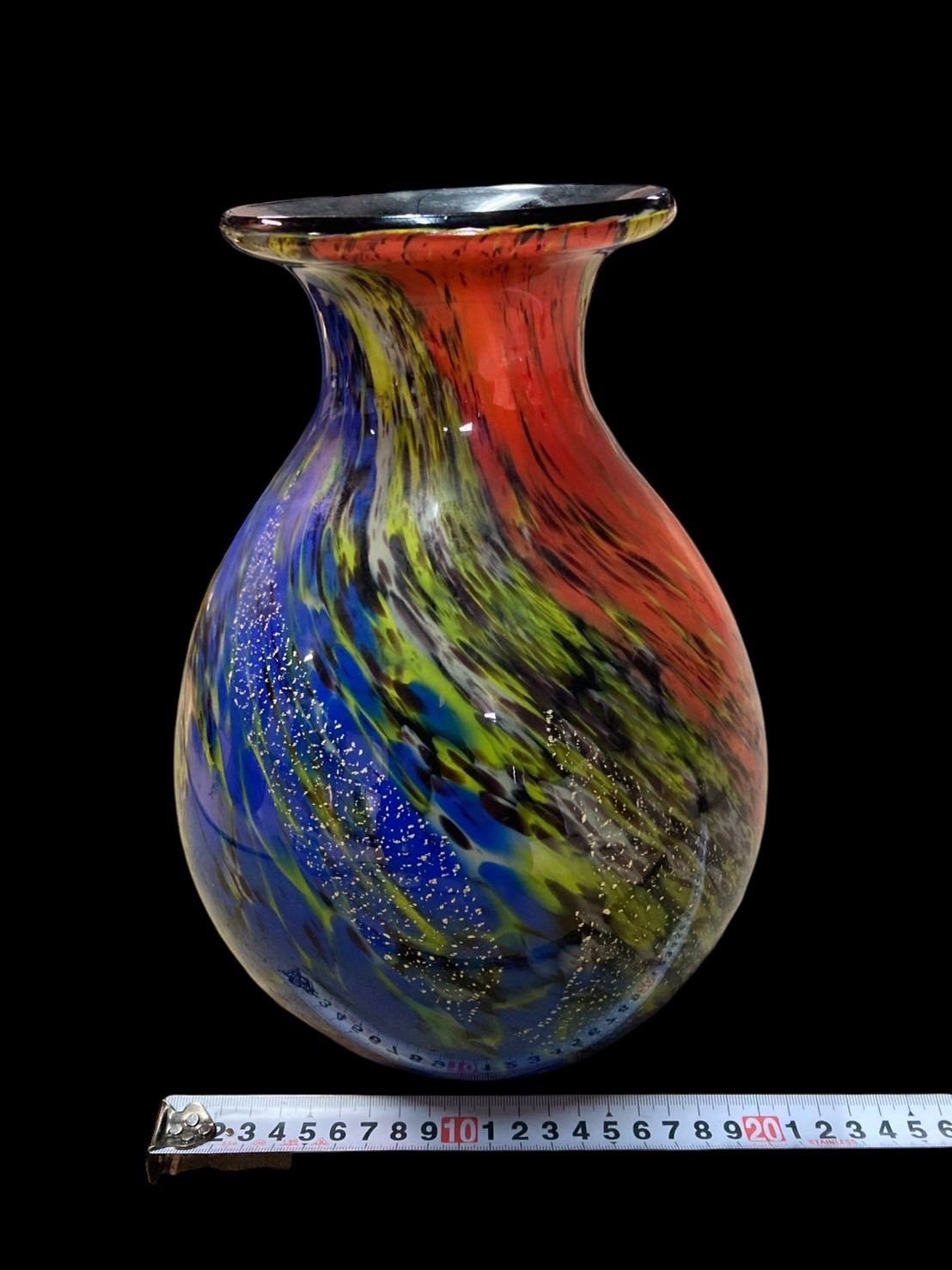 金箔入り カメイガラス製 マルチカラー ガラス花瓶﻿ 昭和レトロ カメイ