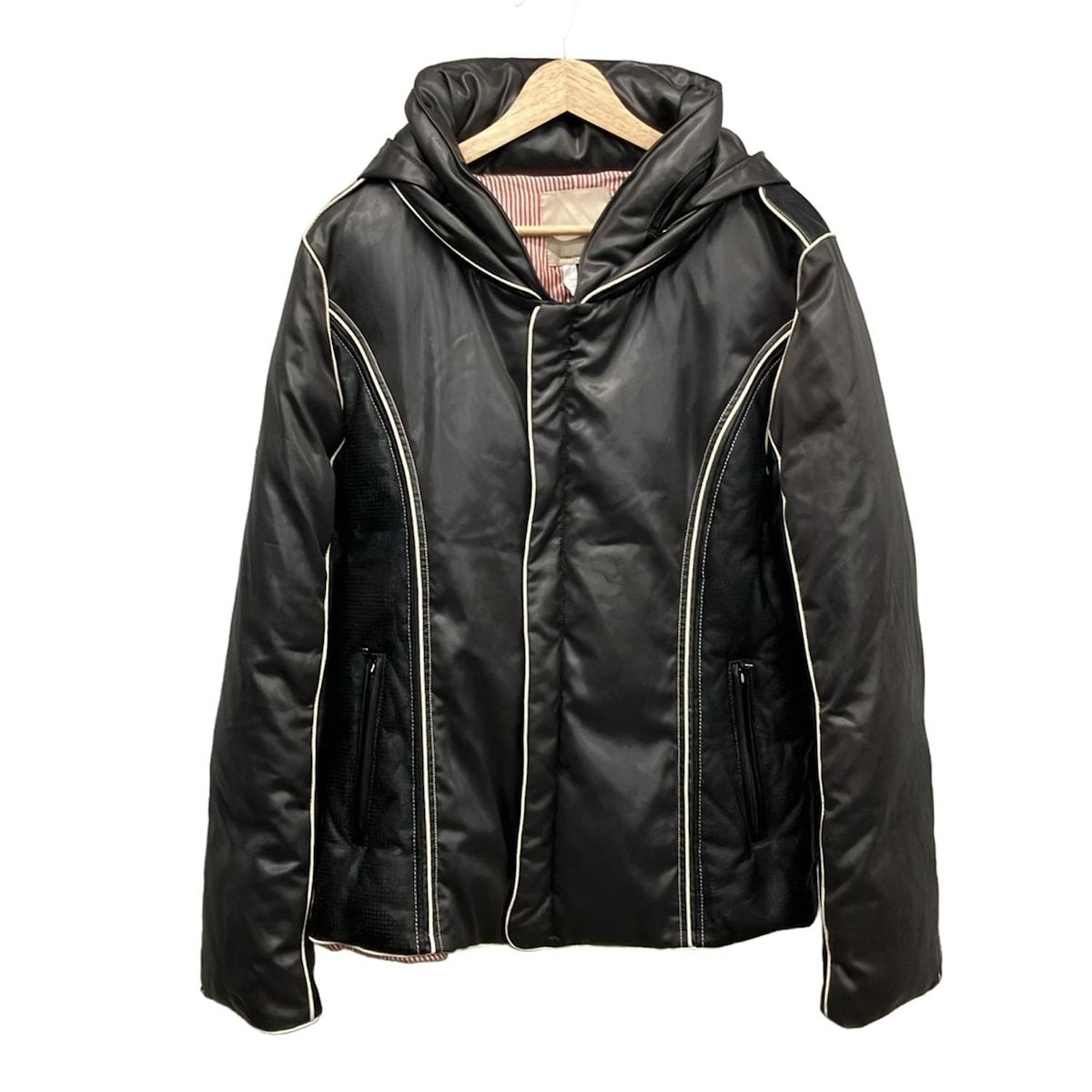 d him ディーヒム ダウンジャケット サイズ48 XL メンズ 黒 レザー混 冬物 フード DOUBLE STANDARD CLOTHING