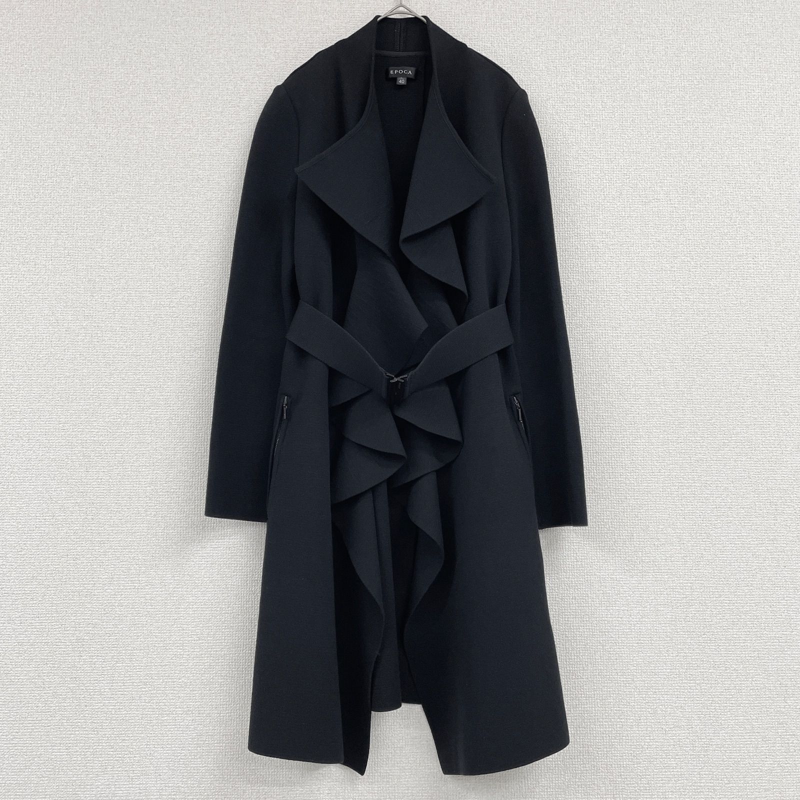 未使用級✨EPOCA エミラーノミラノリブニットコート サックスブルー 40 EPOCA エポカ ロングコート ニット ミラノリブ フリル ベルト レーヨン