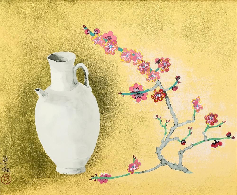 真作】【WISH】小倉遊亀「白磁と紅梅」リトグラフ 約10号 1997年作 本
