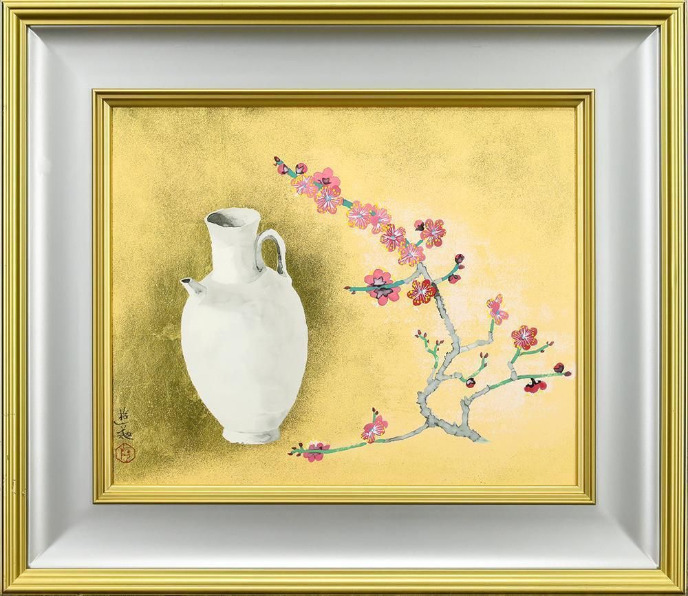 真作 WISH 小倉遊亀 白磁と紅梅 リトグラフ 約10号 1997年作 本金箔貼 証明シール 〇文化勲章 文化功労者