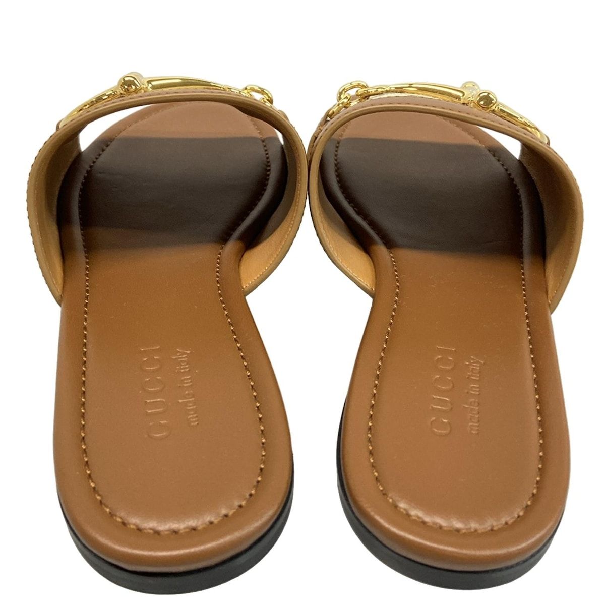  GUCCI グッチ ミュール 38 - 834427 ブラウン×ベージュ×ゴールド ホースビット レザー ミュール サンダル ミュール