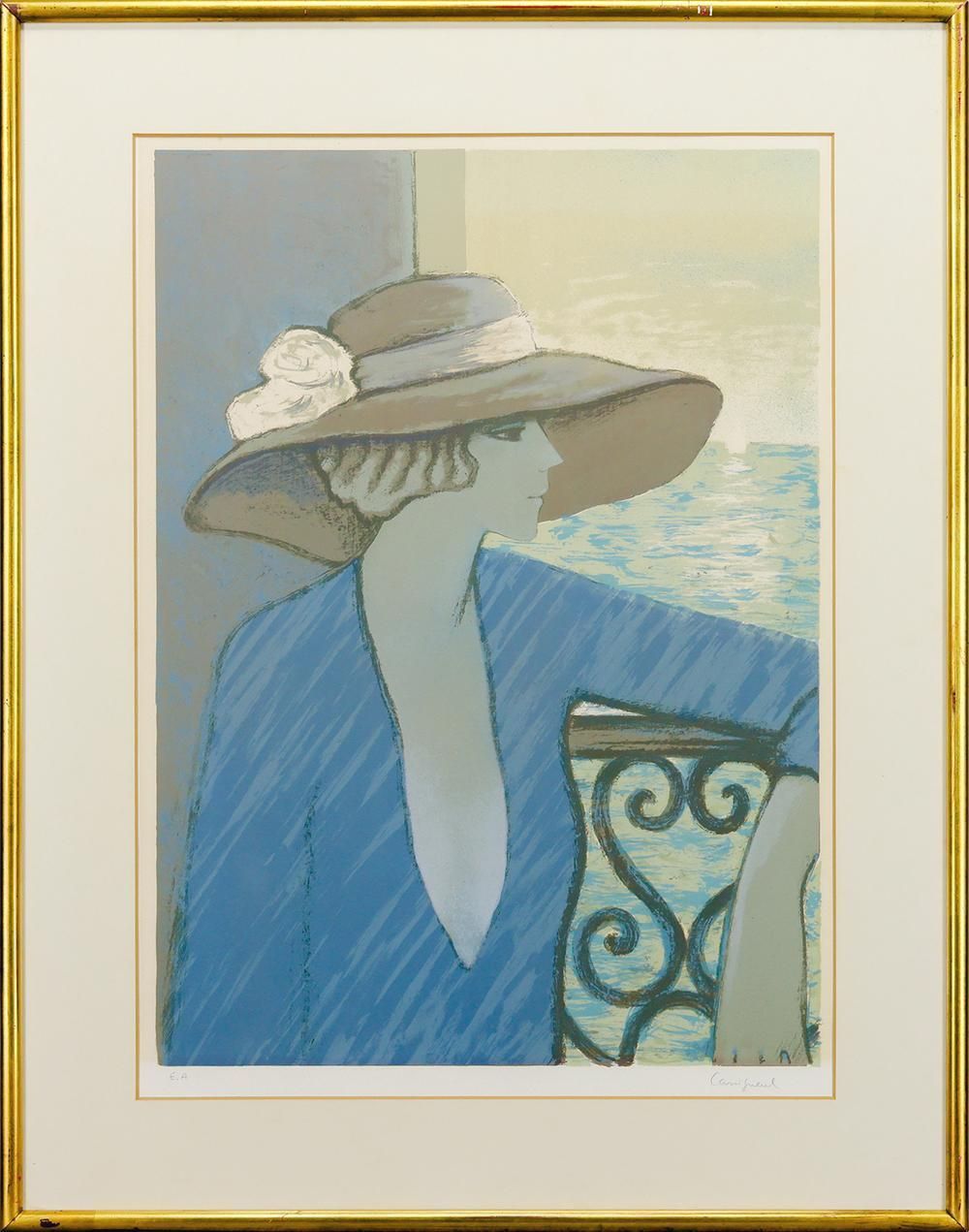 真作 WISH カシニョール Jean Pierre Cassigneul 海辺のテラス リトグラフ 約15号 大作 直筆サイン