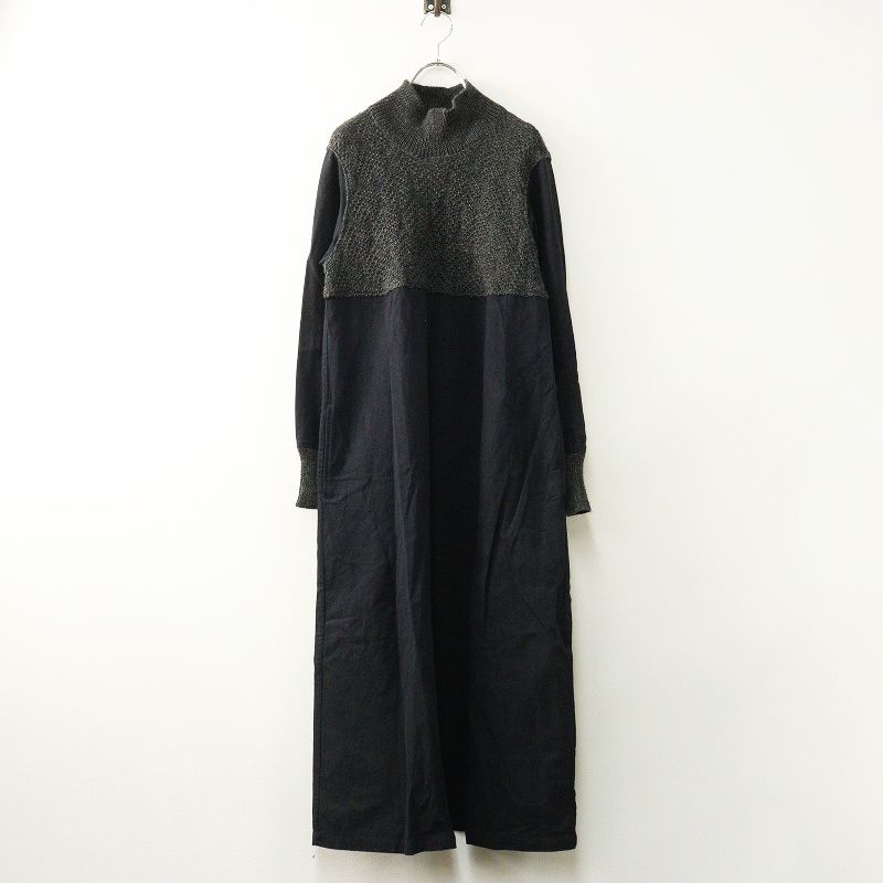定価46200円 ススリ SUSURI コットンリネン ニット切替 グラフトハイネックワンピース M ブラック┃ドレス ロング マキシ