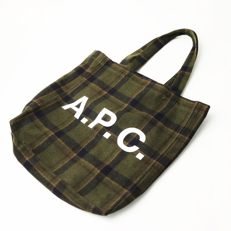 美品 アーペーセー A.P.C APC ウール ロゴプリント チェックトート 