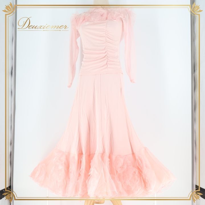 社交ダンス 衣装 チャコット Chacott ツーピース セットアップ トップス スカート 無地 レッスン パーティ 発表会 長袖 フリル ピンク系 フェミニン かわいい おしゃれ ダンス衣装 レッスン着 伸縮性 軽い 上品 パーティードレス