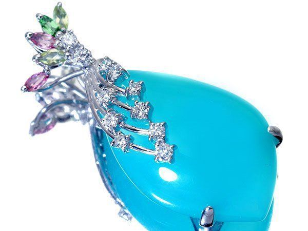 ジュエリー ネオンブルー 超大粒 上天然シーブルーカルセドニー24.30 ct＆ダイヤ＆マルチ宝石 K 18 WGヘッド h 8097 rl