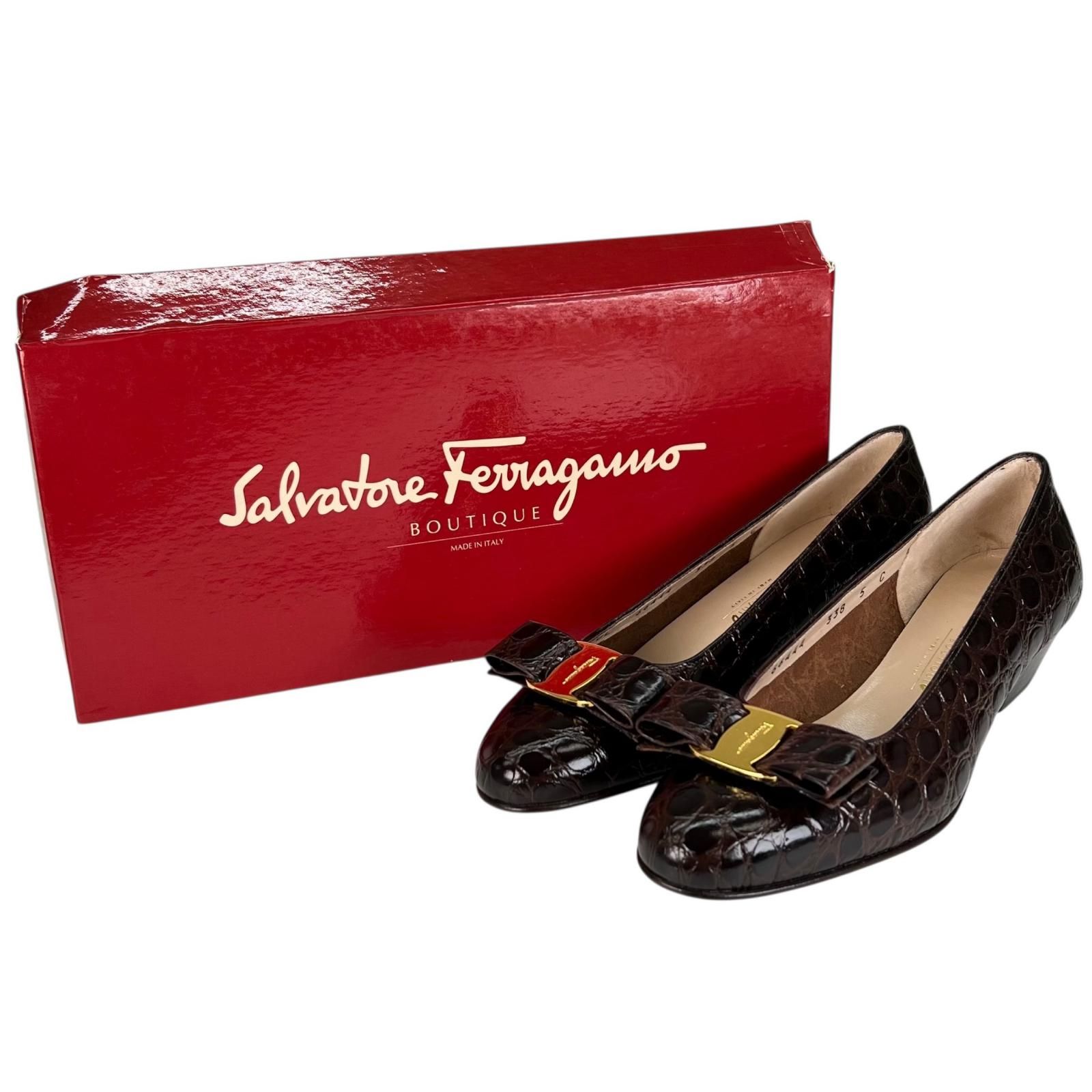 Salvatore Ferragamo サルヴァトーレフェラガモ VARA クロコダイル型押し ヴァラリボン パンプス ブラウン ゴールド金具 5 イタリア製 レディース